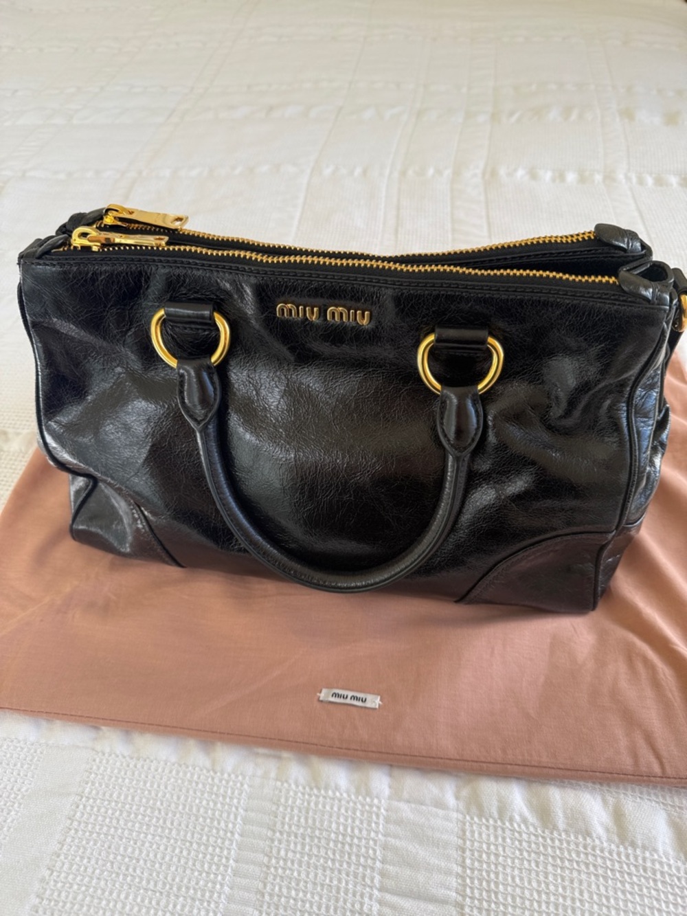 Miu Miu Black Leather Top-Handle Satchel with Gold Accents